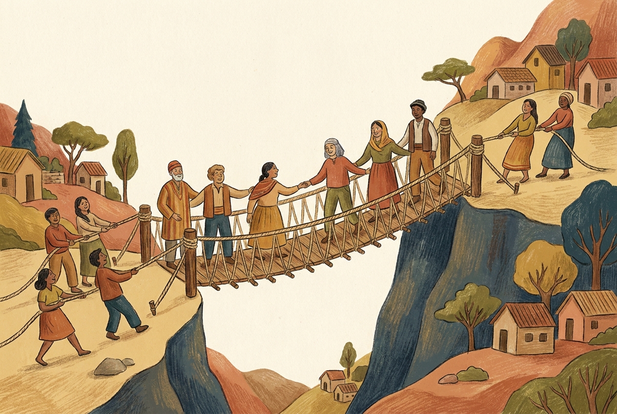 Ilustración conceptual: cooperación sobre confianza mutua visible.