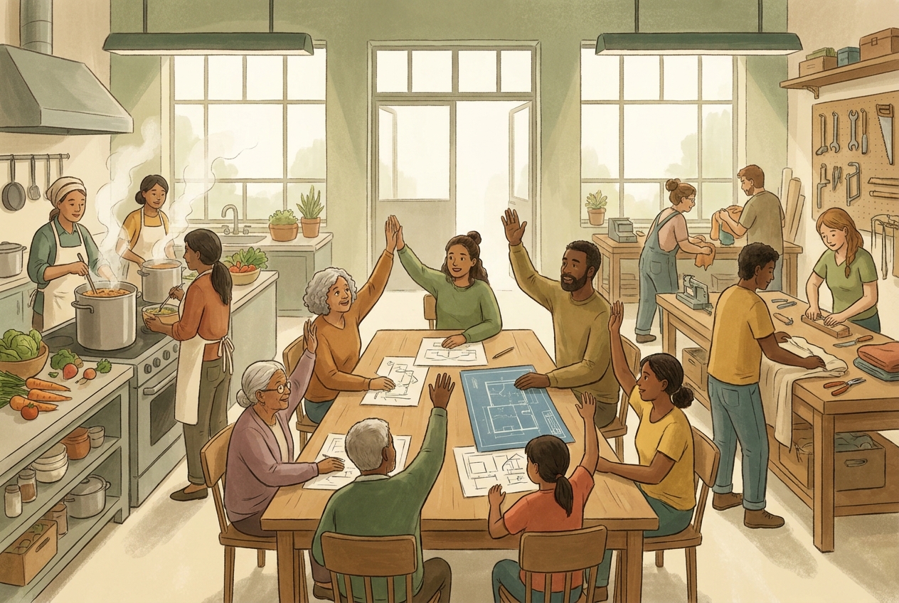 Ilustración conceptual: trabajo colectivo y apoyo mutuo.