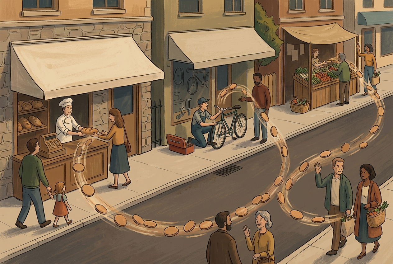 Ilustración conceptual: la vida económica de un barrio pequeño.