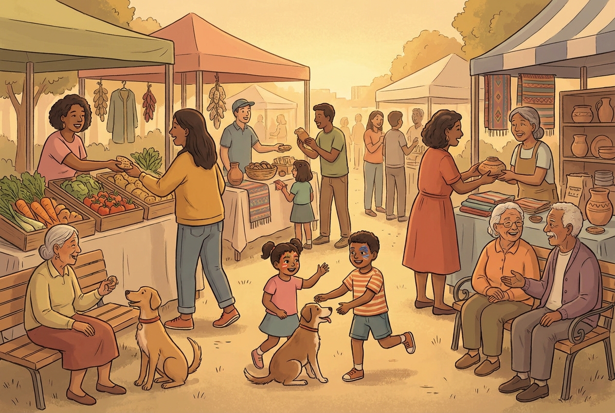 Ilustración conceptual: una feria de barrio un domingo.